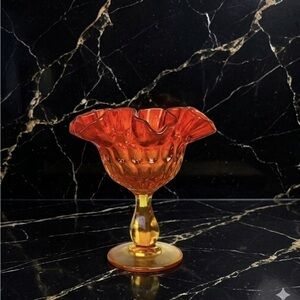 Vintage Fenton Amberina Ruffled Edge Pedestal Candy Dish Thumbprint Design 6"